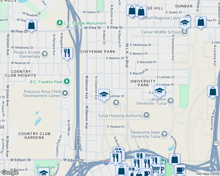 map of restaurants, bars, coffee shops, grocery stores, and more near 112 East Latimer Place in Tulsa