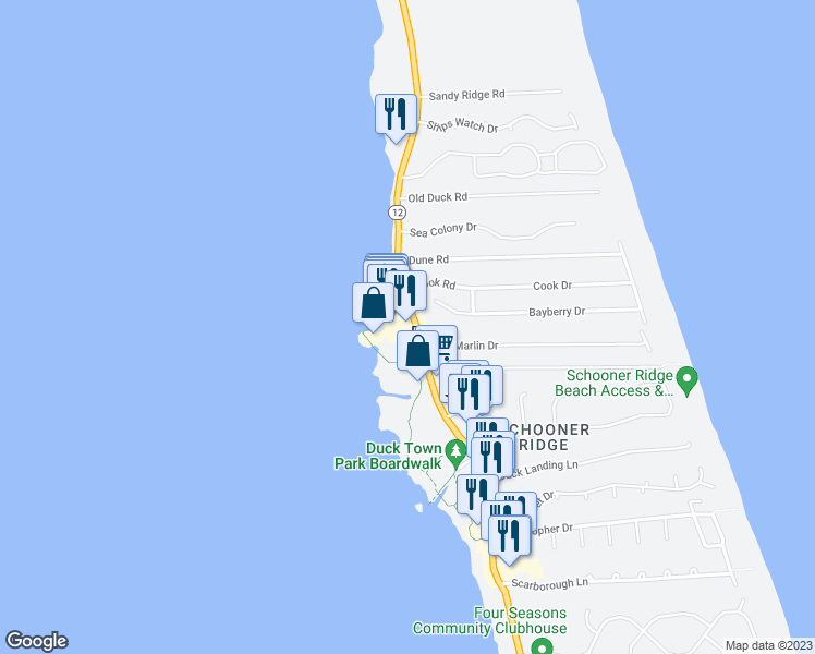 map of restaurants, bars, coffee shops, grocery stores, and more near 1236 Duck Road in Kitty Hawk