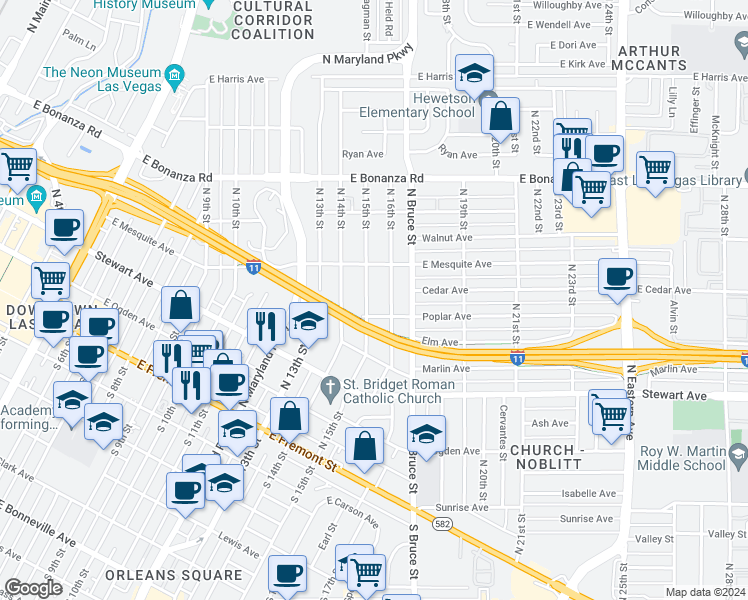 map of restaurants, bars, coffee shops, grocery stores, and more near 370 North 15th Street in Las Vegas