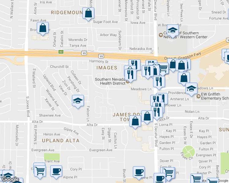 map of restaurants, bars, coffee shops, grocery stores, and more near 7 Meadows Lane in Las Vegas