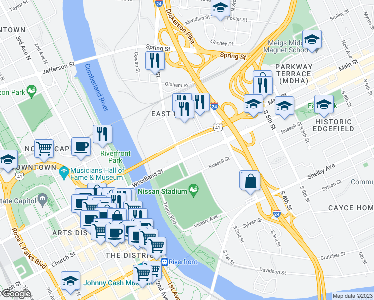 map of restaurants, bars, coffee shops, grocery stores, and more near 119 Woodland Street in Nashville