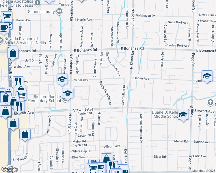 map of restaurants, bars, coffee shops, grocery stores, and more near 5763 Yerington Avenue in Las Vegas