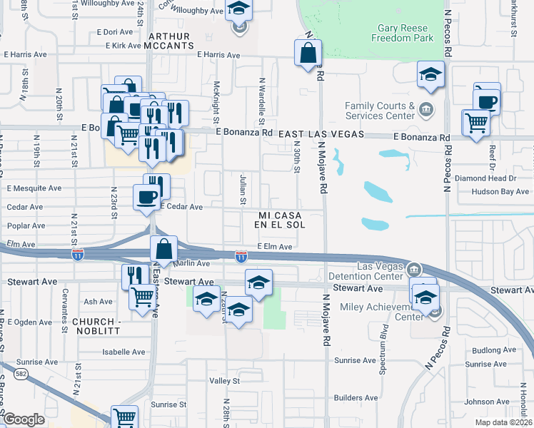 map of restaurants, bars, coffee shops, grocery stores, and more near 2935 East Poplar Avenue in Las Vegas