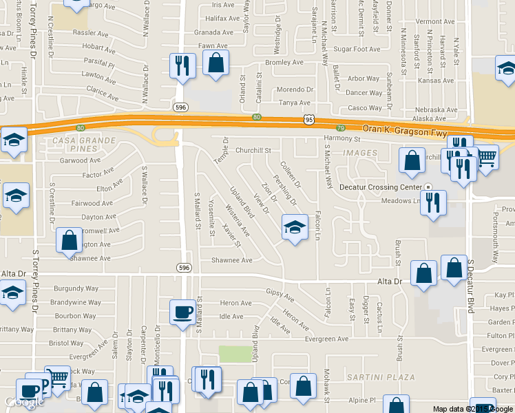 map of restaurants, bars, coffee shops, grocery stores, and more near 344 Upland Boulevard in Las Vegas