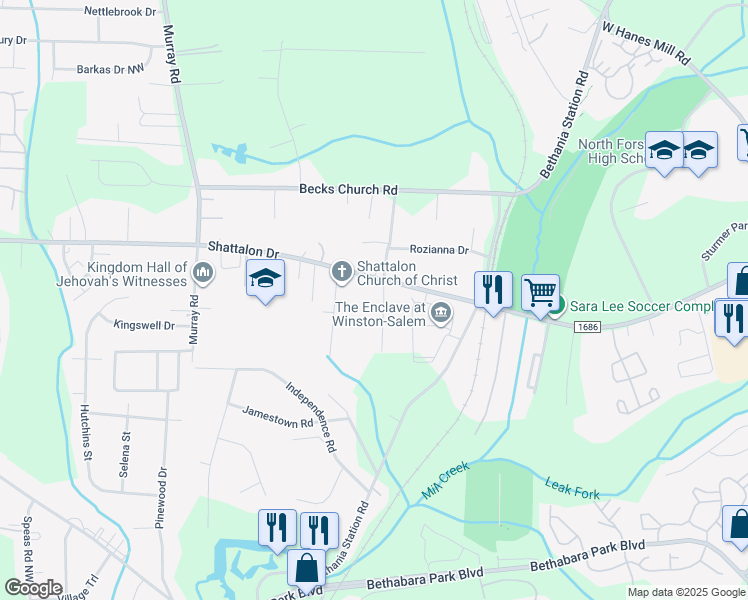 map of restaurants, bars, coffee shops, grocery stores, and more near 4150 James Street in Winston-Salem