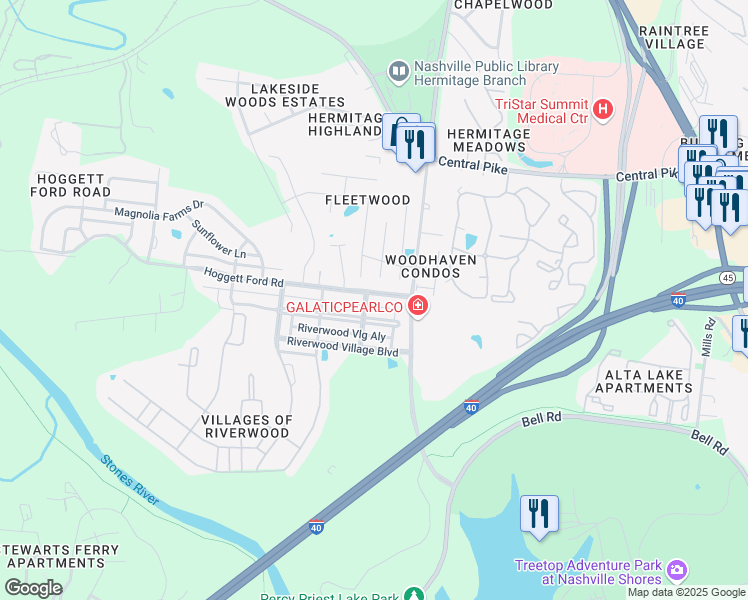 map of restaurants, bars, coffee shops, grocery stores, and more near 1429 Riverbrook Drive in Nashville