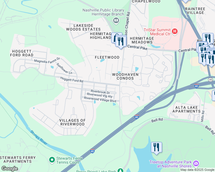 map of restaurants, bars, coffee shops, grocery stores, and more near 1343 Riverbrook Drive in Nashville