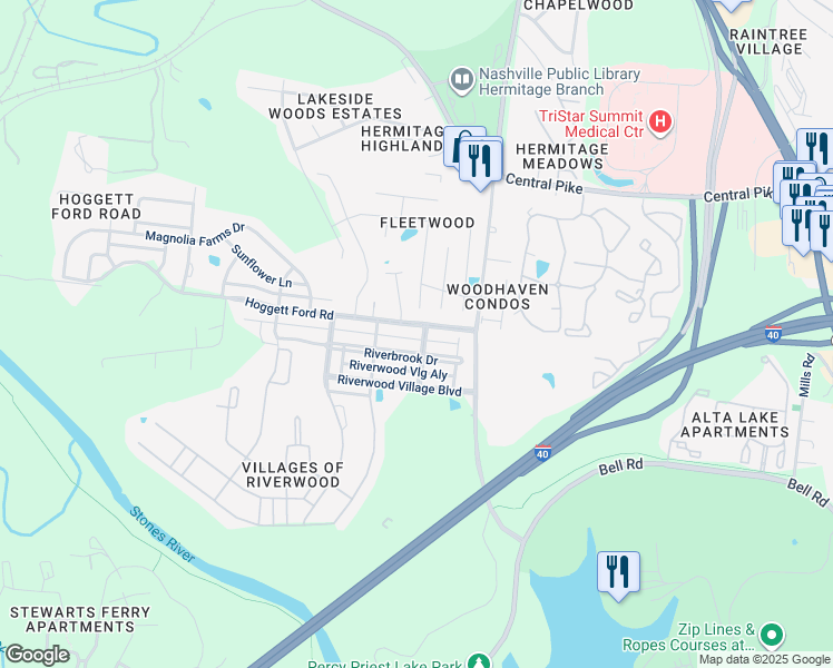 map of restaurants, bars, coffee shops, grocery stores, and more near 1343 Riverbrook Drive in Nashville