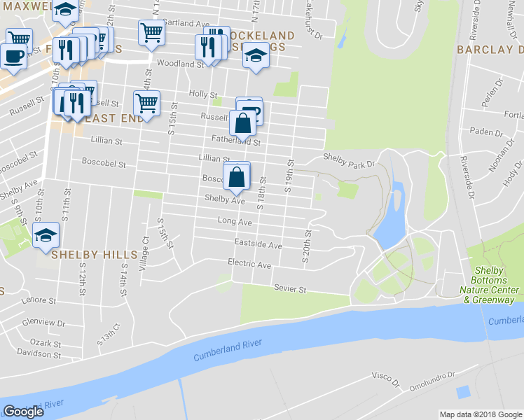 map of restaurants, bars, coffee shops, grocery stores, and more near 1801 Long Avenue in Nashville