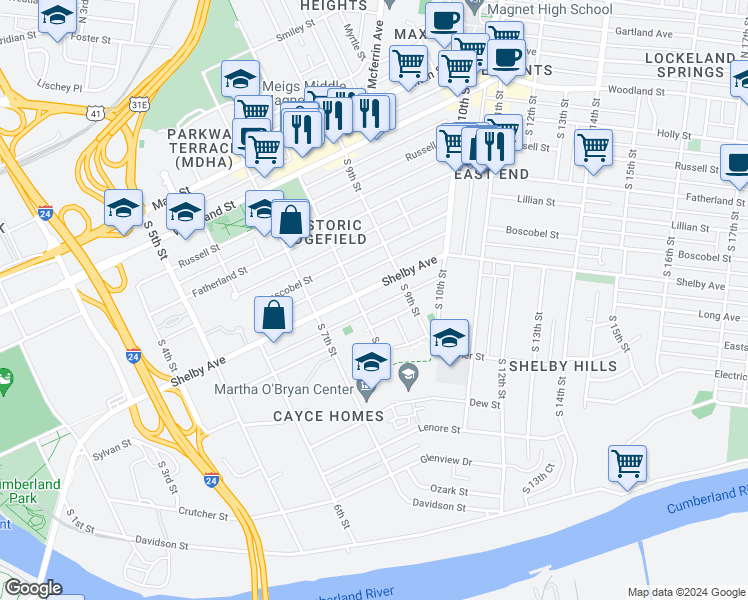 map of restaurants, bars, coffee shops, grocery stores, and more near 801 Sylvan Street in Nashville