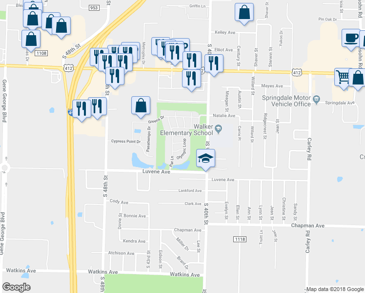map of restaurants, bars, coffee shops, grocery stores, and more near 4097 Links Drive in Springdale