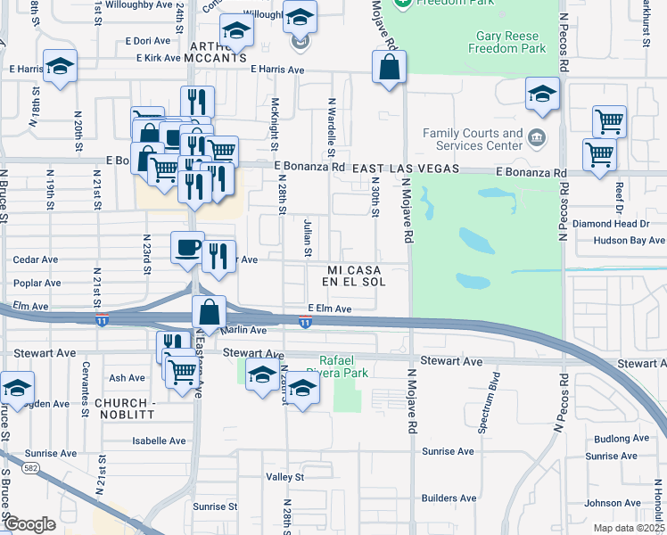 map of restaurants, bars, coffee shops, grocery stores, and more near 2906 East Cedar Avenue in Las Vegas