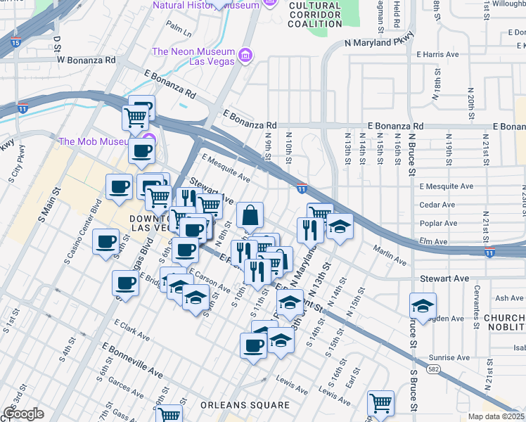 map of restaurants, bars, coffee shops, grocery stores, and more near 911 1/2 Stewart Avenue in Las Vegas