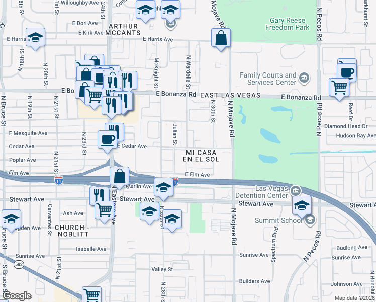 map of restaurants, bars, coffee shops, grocery stores, and more near 2906 East Cedar Avenue in Las Vegas