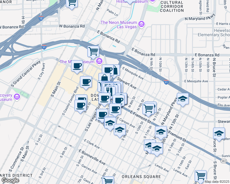 map of restaurants, bars, coffee shops, grocery stores, and more near 150L North 6th Street in Las Vegas