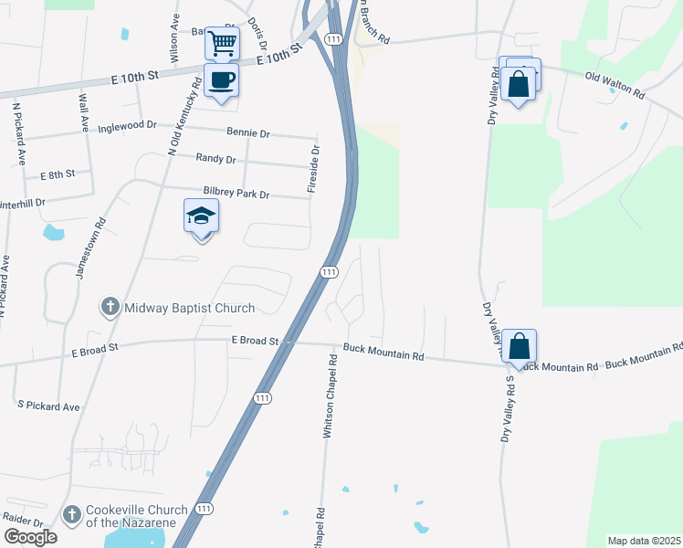 map of restaurants, bars, coffee shops, grocery stores, and more near 91 A Westgate Circle in Cookeville