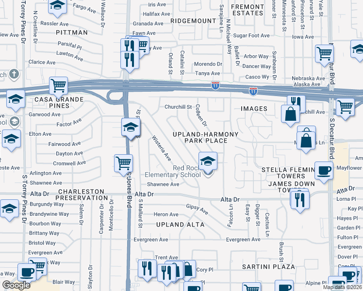 map of restaurants, bars, coffee shops, grocery stores, and more near 344 Upland Boulevard in Las Vegas