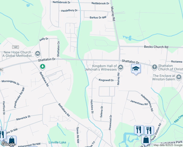 map of restaurants, bars, coffee shops, grocery stores, and more near 240 Vista Circle in Winston-Salem