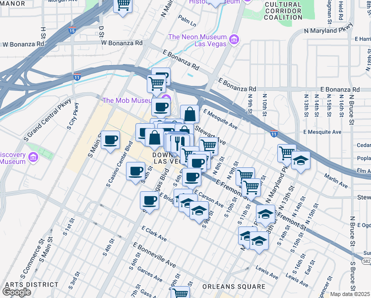 map of restaurants, bars, coffee shops, grocery stores, and more near 150 Las Vegas Boulevard North in Las Vegas