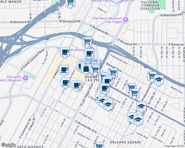 map of restaurants, bars, coffee shops, grocery stores, and more near 450 Fremont Street in Las Vegas