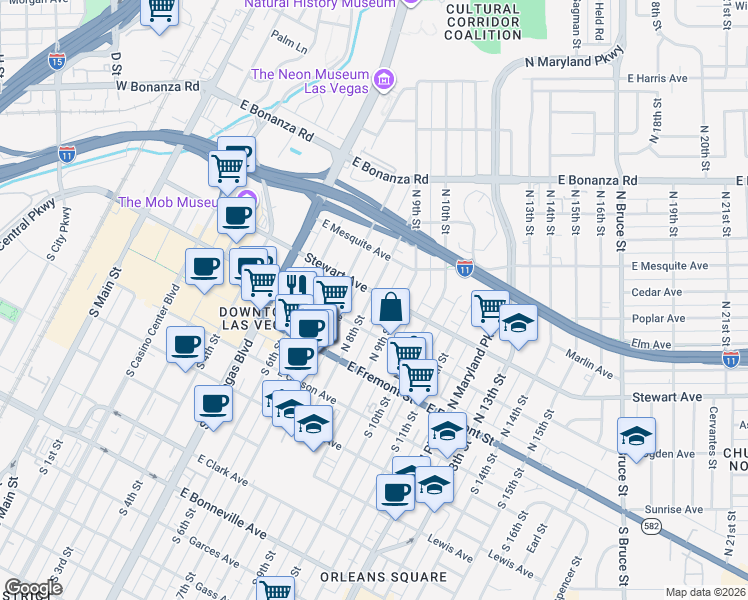 map of restaurants, bars, coffee shops, grocery stores, and more near 211 North 8th Street in Las Vegas
