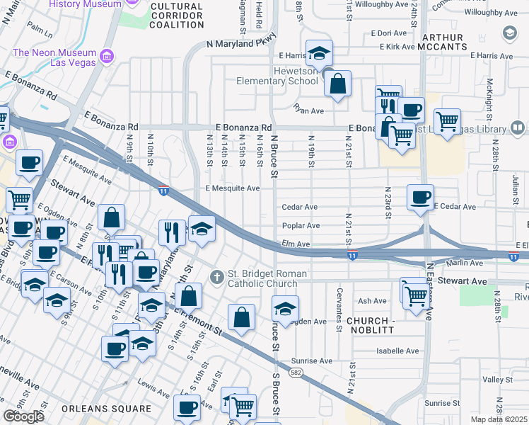 map of restaurants, bars, coffee shops, grocery stores, and more near 372 North 16th Street in Las Vegas
