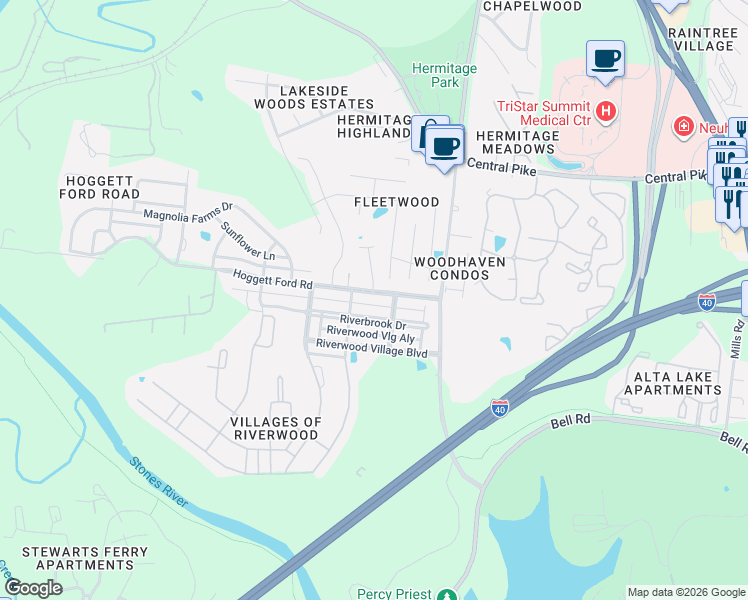 map of restaurants, bars, coffee shops, grocery stores, and more near 1339 Riverbrook Drive in Nashville