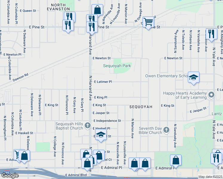map of restaurants, bars, coffee shops, grocery stores, and more near 3599 East Latimer Street in Tulsa