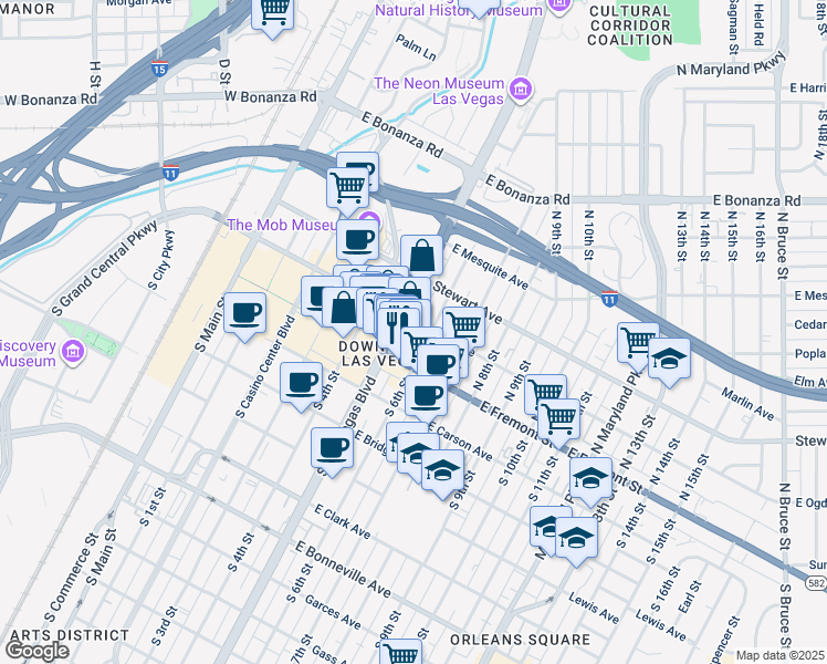 map of restaurants, bars, coffee shops, grocery stores, and more near 150 South Las Vegas Boulevard in Las Vegas