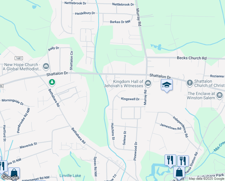 map of restaurants, bars, coffee shops, grocery stores, and more near 240 Vista Circle in Winston-Salem