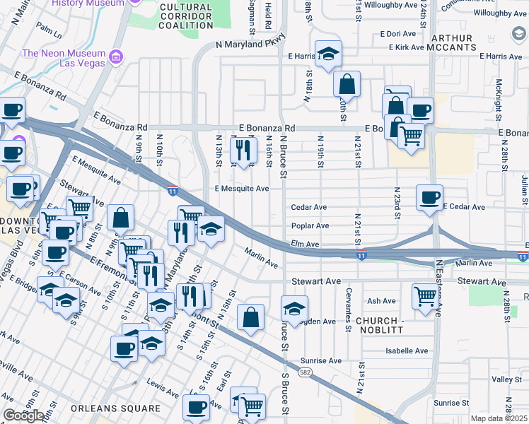 map of restaurants, bars, coffee shops, grocery stores, and more near 377 North 16th Street in Las Vegas