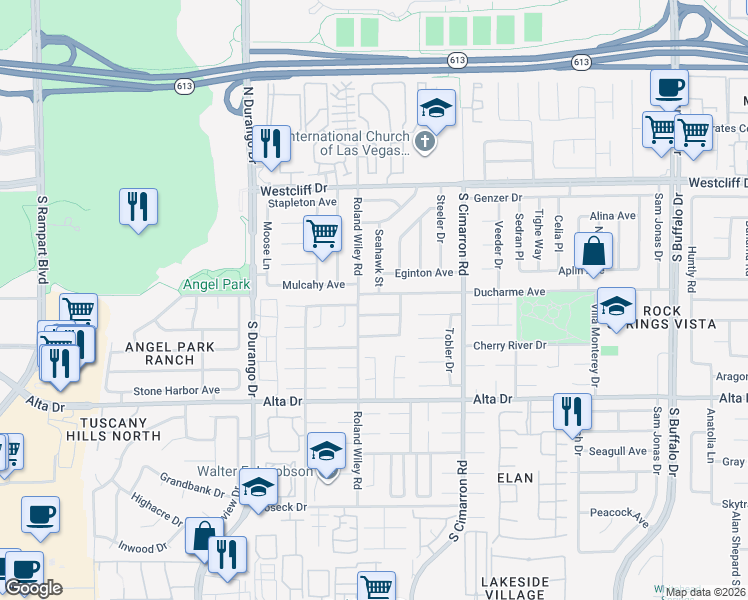 map of restaurants, bars, coffee shops, grocery stores, and more near 8233 Ducharme Avenue in Las Vegas
