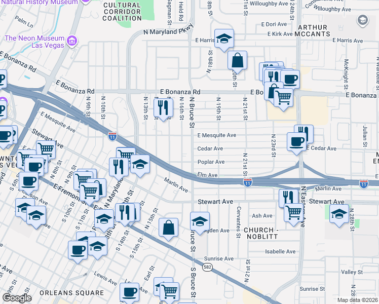 map of restaurants, bars, coffee shops, grocery stores, and more near 350 North Bruce Street in Las Vegas