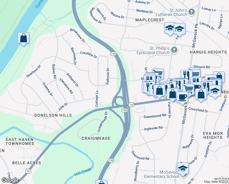 map of restaurants, bars, coffee shops, grocery stores, and more near 220 Cottage Place in Nashville