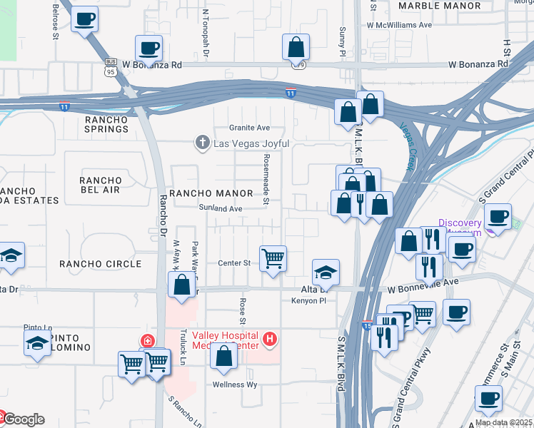 map of restaurants, bars, coffee shops, grocery stores, and more near 1813 Sunland Avenue in Las Vegas