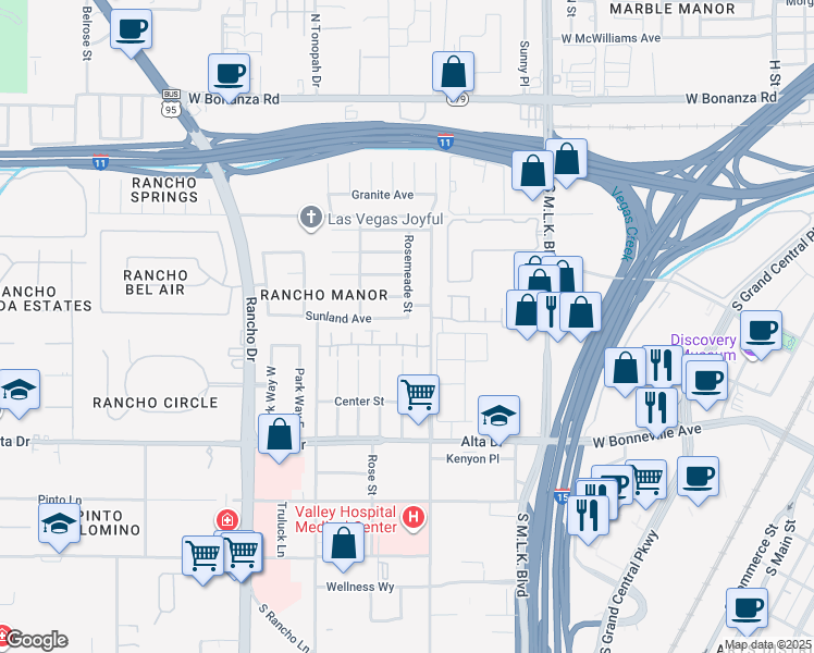 map of restaurants, bars, coffee shops, grocery stores, and more near 1813 Sunland Avenue in Las Vegas