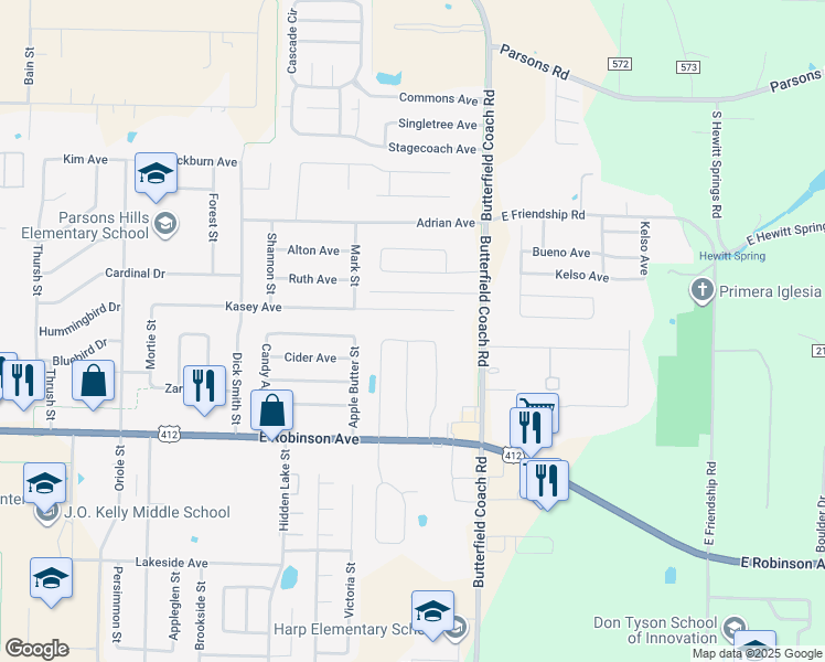 map of restaurants, bars, coffee shops, grocery stores, and more near 3127 Kasey Avenue in Springdale