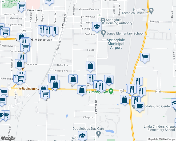 map of restaurants, bars, coffee shops, grocery stores, and more near 405 Sisters Avenue in Springdale