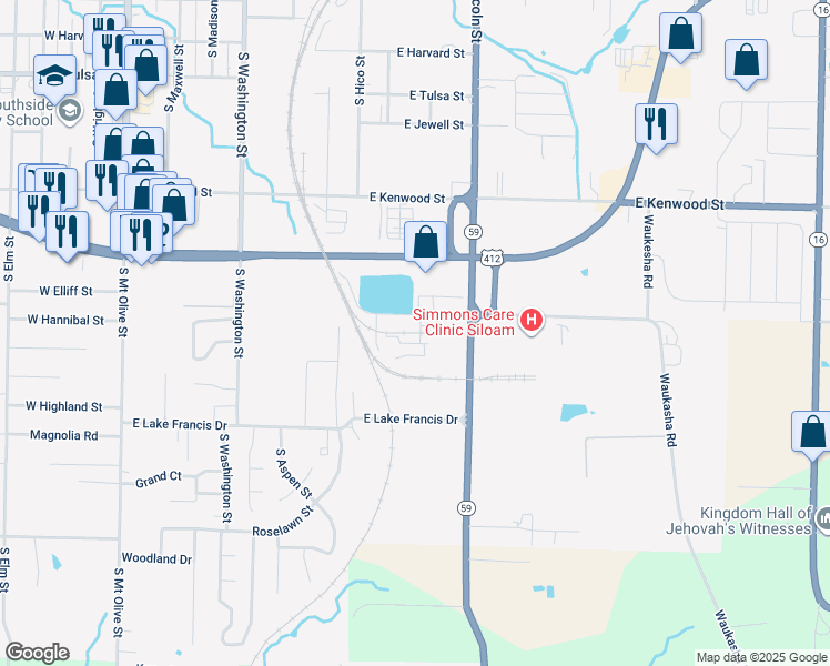 map of restaurants, bars, coffee shops, grocery stores, and more near 1700 South Lincoln Street in Siloam Springs