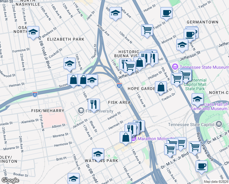 map of restaurants, bars, coffee shops, grocery stores, and more near 1213 Phillips Street in Nashville