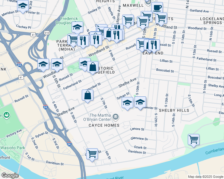 map of restaurants, bars, coffee shops, grocery stores, and more near Shelby Ave & S 8th St in Nashville
