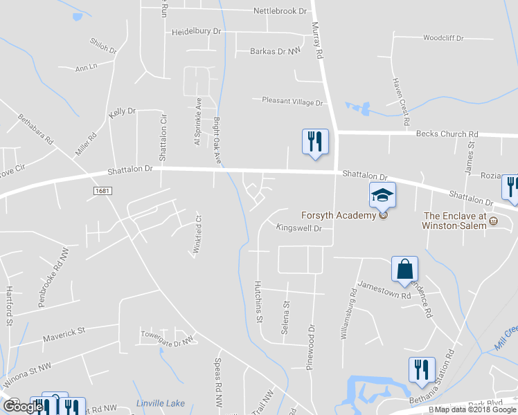 map of restaurants, bars, coffee shops, grocery stores, and more near 240 Vista Circle in Winston-Salem