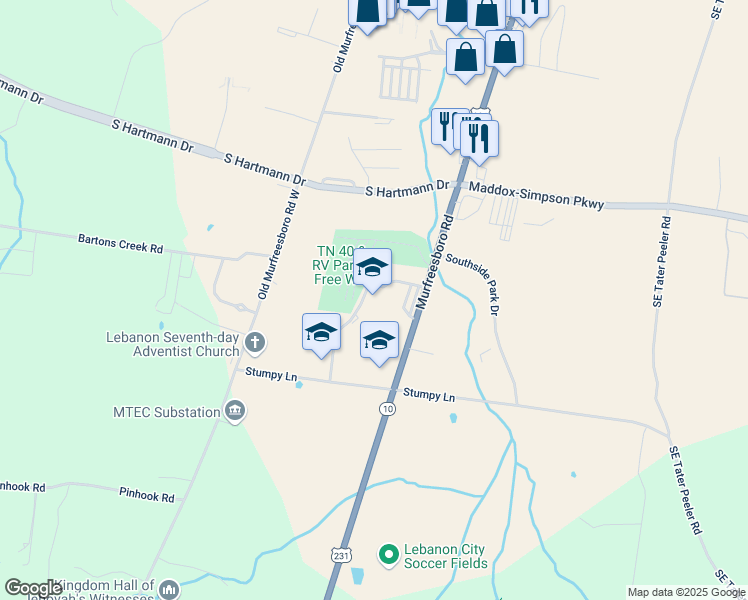 map of restaurants, bars, coffee shops, grocery stores, and more near 1224 Murfreesboro Road in Lebanon