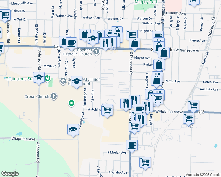 map of restaurants, bars, coffee shops, grocery stores, and more near 1701 South West End Street in Springdale