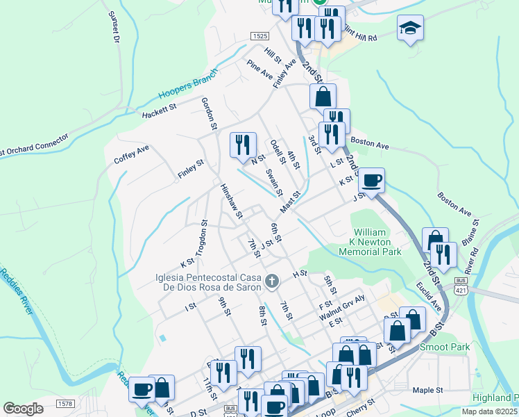map of restaurants, bars, coffee shops, grocery stores, and more near 602 Peden Street in North Wilkesboro