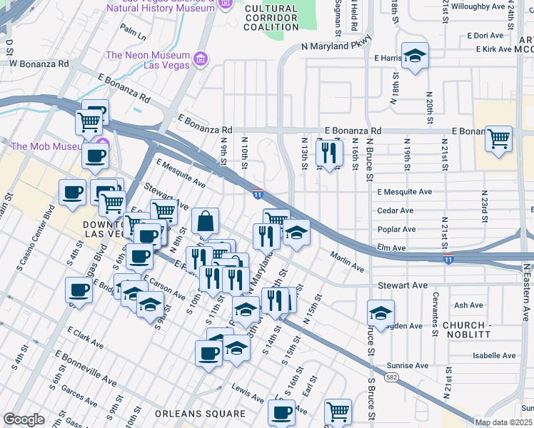 map of restaurants, bars, coffee shops, grocery stores, and more near 621 North 11th Street in Las Vegas