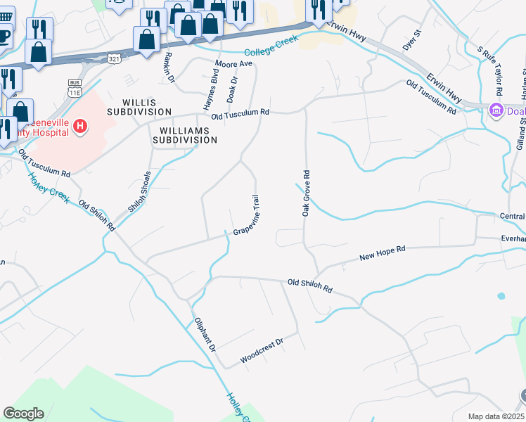 map of restaurants, bars, coffee shops, grocery stores, and more near 280 Grapevine Trail in Greeneville