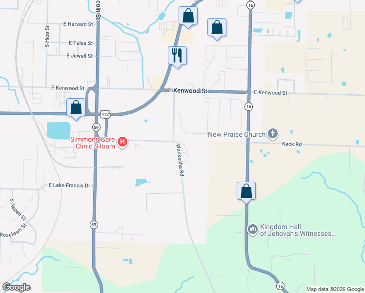 map of restaurants, bars, coffee shops, grocery stores, and more near 1805 Waukesha Road in Siloam Springs
