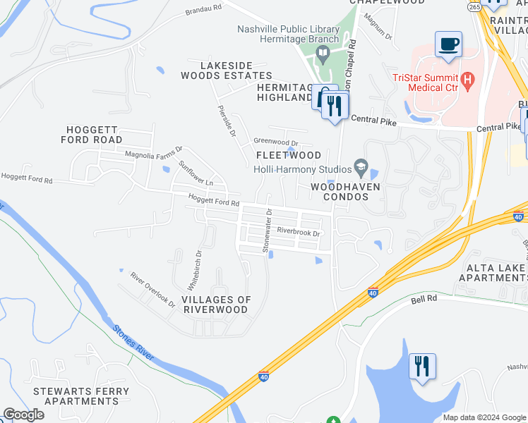 map of restaurants, bars, coffee shops, grocery stores, and more near 3842 Hoggett Ford Road in Nashville
