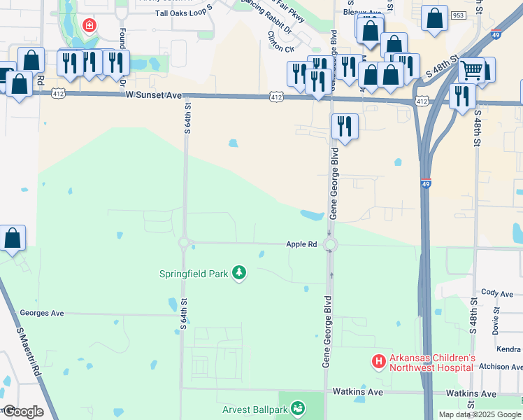 map of restaurants, bars, coffee shops, grocery stores, and more near 5960 Apple Road in Springdale
